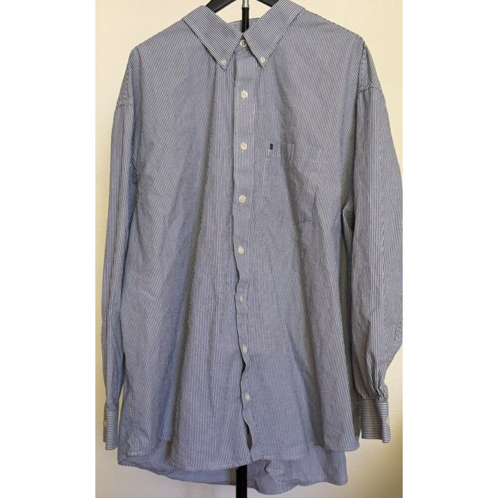 Izod 3XL Men's Long Sleeve Button-Up Shirt Micro Check Navy Blue 100% Cotton 3X
